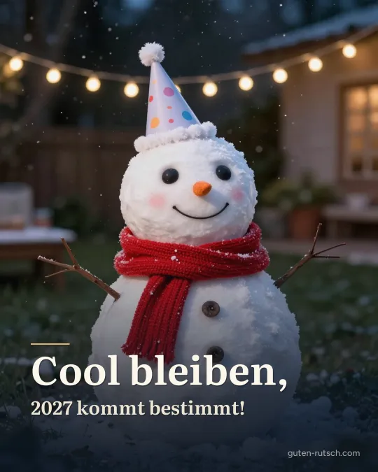 Schneemann mit Partyhut und Schal in einem Garten mit Lichterkette, darauf der Gruß „Cool bleiben, 2027 kommt bestimmt!“