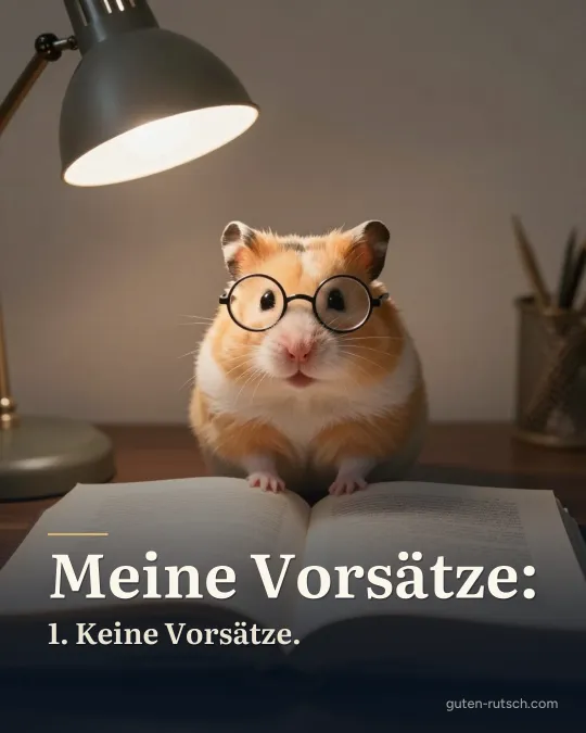 Hamster mit kleiner Brille vor einem großen Buch, darauf der Gruß „Meine Vorsätze: 1. Keine Vorsätze.“