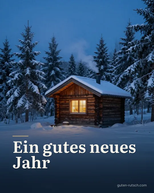 Warm beleuchtetes Hüttenfenster in einer verschneiten Landschaft, darauf der Gruß „Ein gutes neues Jahr“