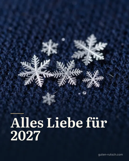 Schneeflocken in Nahaufnahme auf dunkelblauer Wolle, darauf der Gruß „Alles Liebe für 2027“