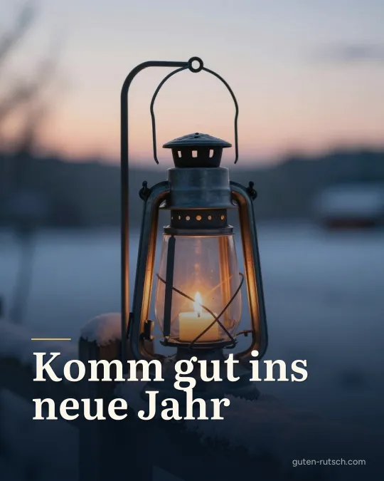Laterne auf einem verschneiten Zaunpfahl in der Dämmerung, darauf der Gruß „Komm gut ins neue Jahr“