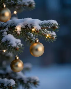 Verschneiter Tannenzweig mit goldenen Kugeln und Lichterkette