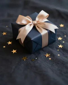 Geschenk mit champagnerfarbener Schleife auf dunkelblauem Leinen