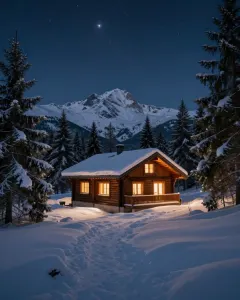 Verschneite Hütte mit warmem Licht unter Sternen