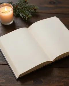 Aufgeschlagenes Buch mit leeren Seiten neben einer Kerze