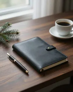 Schreibtisch mit Füller, Notizbuch, Kaffeetasse und Tannenzweig