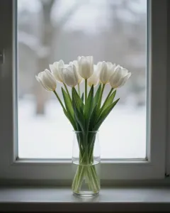 Weiße Tulpen in einer Vase vor einem verschneiten Fenster