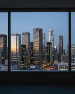 Stadtsilhouette in der blauen Stunde, gesehen aus einem Bürofenster