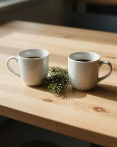 Zwei Kaffeetassen auf einem Holztisch im Morgenlicht
