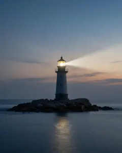 Leuchtturm an einer ruhigen Küste am Abend