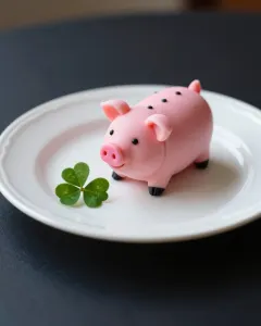 Marzipanschwein auf einem Teller neben einem vierblättrigen Kleeblatt