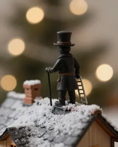 Kleine Schornsteinfeger-Figur mit Leiter auf einem verschneiten Miniaturdach