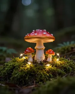 Fliegenpilz-Dekoration im Moos mit kleinen Lichtern