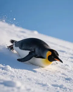 Pinguin rutscht auf dem Bauch einen verschneiten Hang hinunter