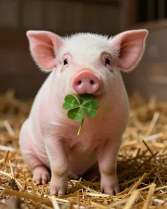 Ferkel mit einem Kleeblatt im Maul im Stroh