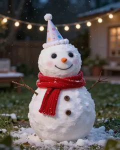 Schneemann mit Partyhut und Schal in einem Garten mit Lichterkette