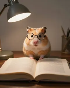 Hamster mit kleiner Brille vor einem großen Buch