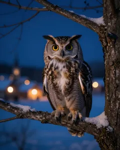 Eule sitzt nachts in einem verschneiten Baum vor Lichtern