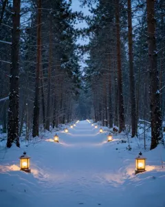 Verschneiter Waldweg mit Laternen in der blauen Stunde