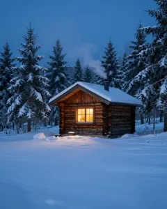 Warm beleuchtetes Hüttenfenster in einer verschneiten Landschaft