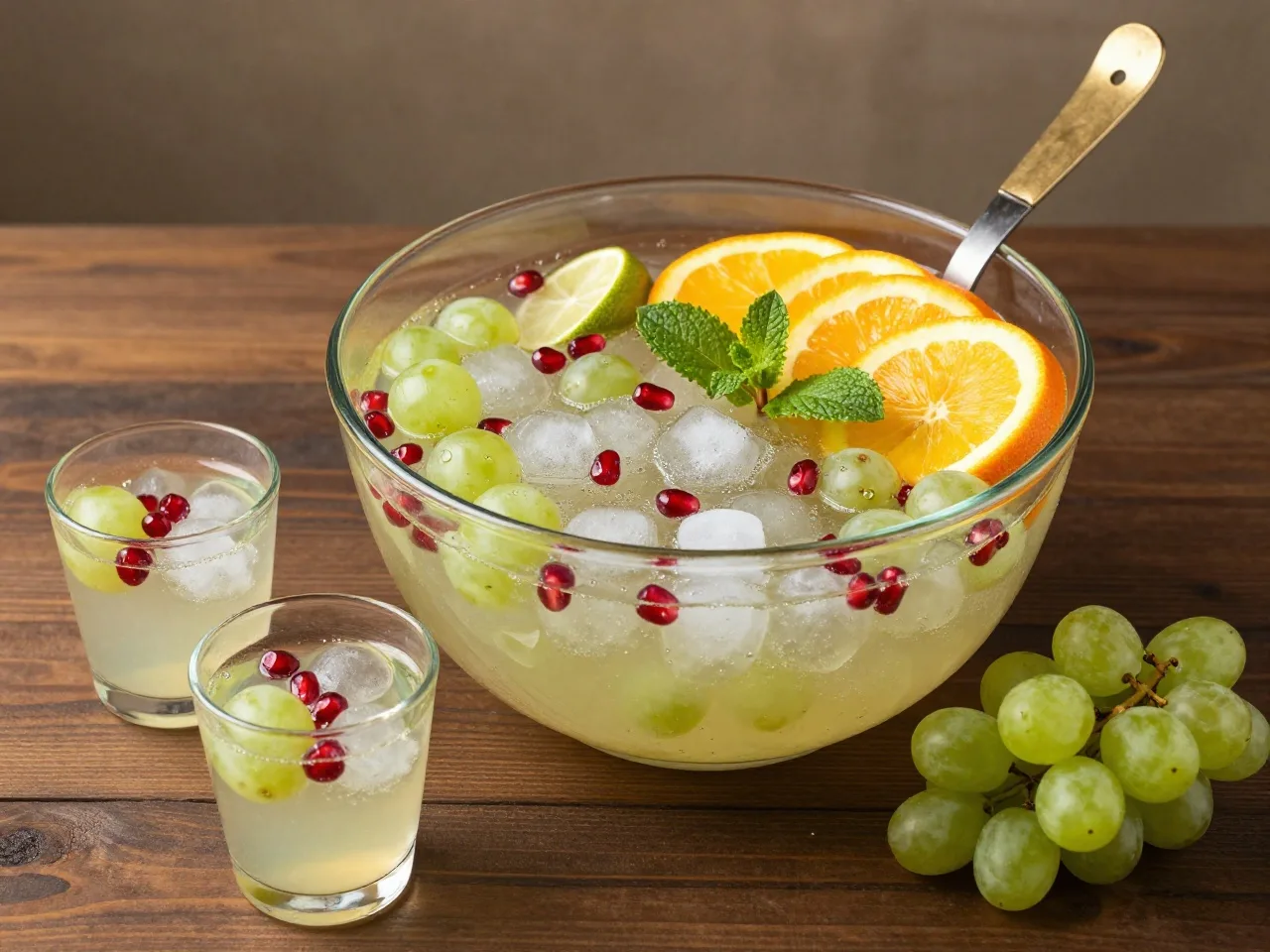 Glasbowle mit heller, prickelnder Saftbowle, darin Weintrauben, Granatapfelkerne, Orangen- und Limettenscheiben sowie Minze