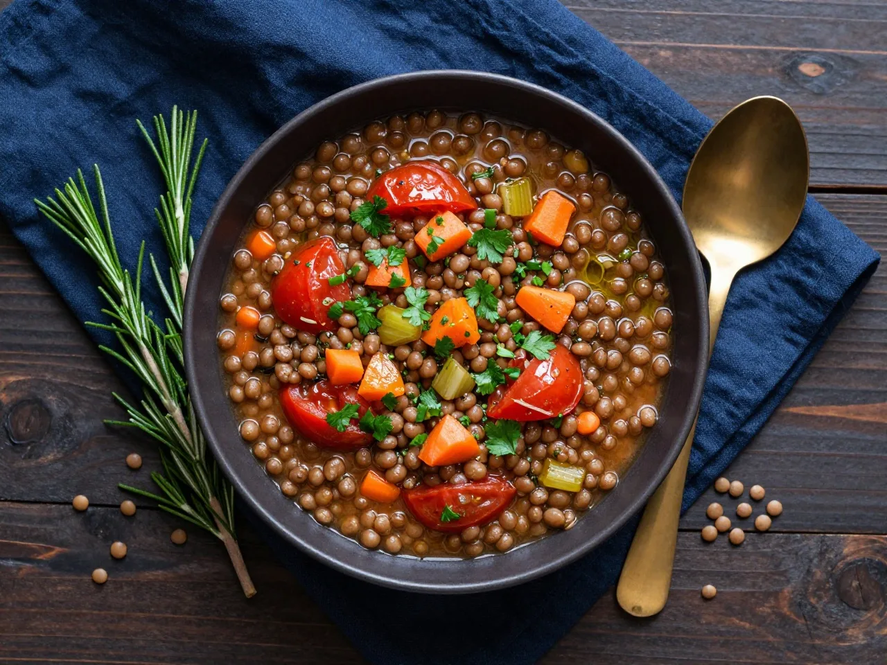 Linsentopf mit Tomaten in einer dunklen Schale, bestreut mit Petersilie, daneben ein Rosmarinzweig und ein goldener Löffel