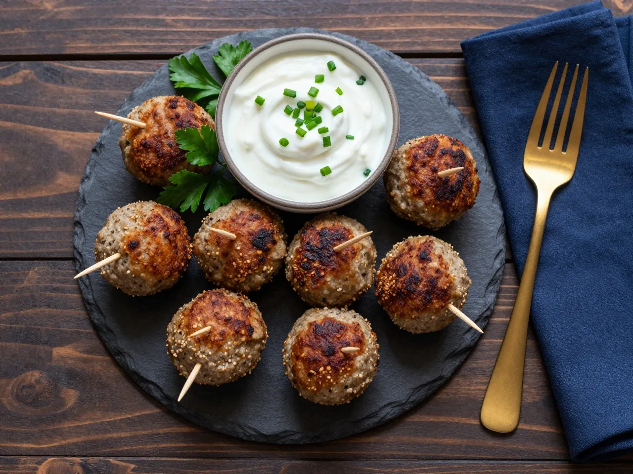 Kleine gebratene Frikadellen mit Holzspießchen auf einer Schieferplatte, daneben eine Schale Joghurt-Dip mit Schnittlauch
