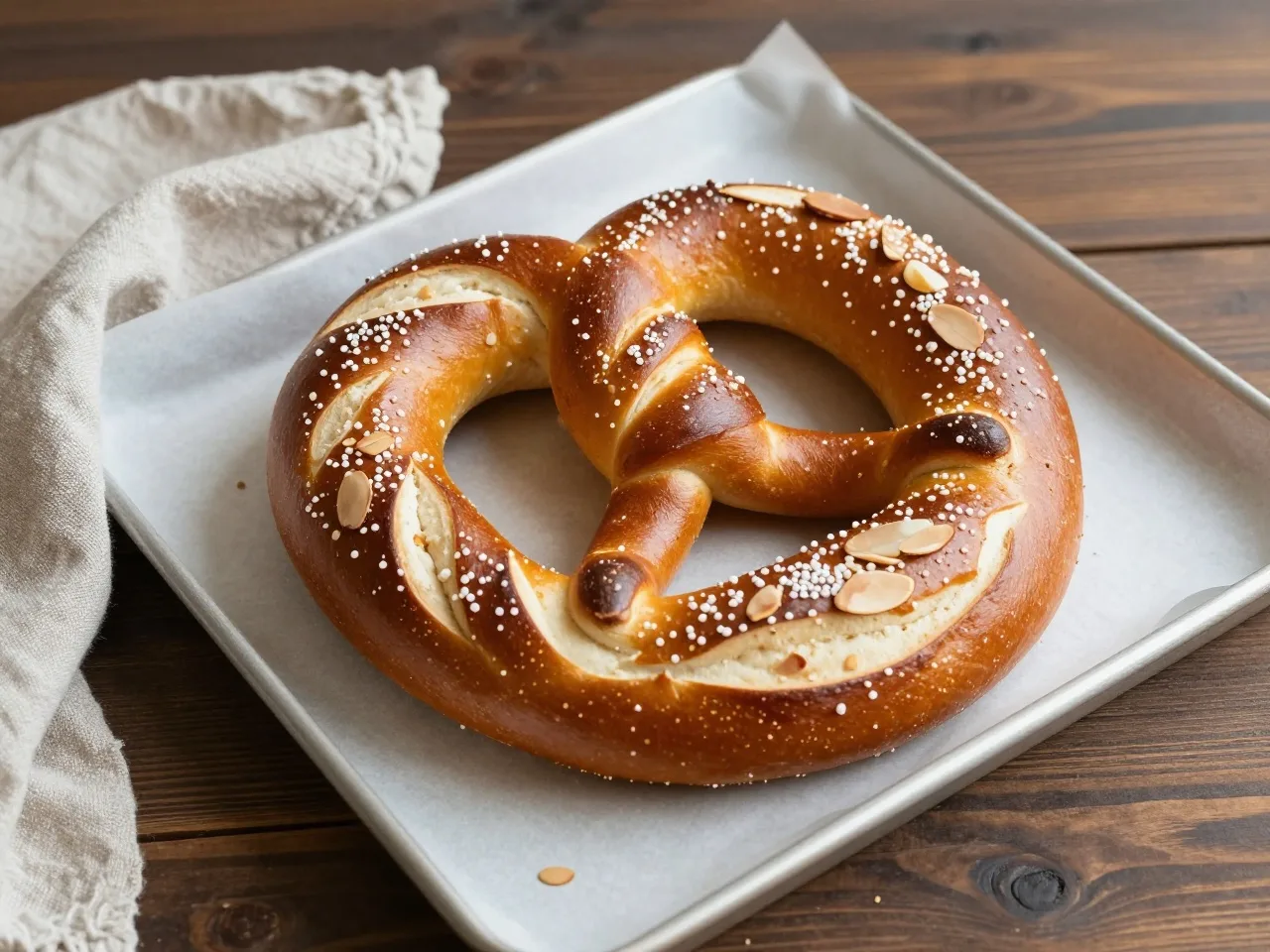 Große geflochtene Neujahrsbrezel mit Hagelzucker und Mandelblättchen auf einem Backblech, daneben ein Leinentuch