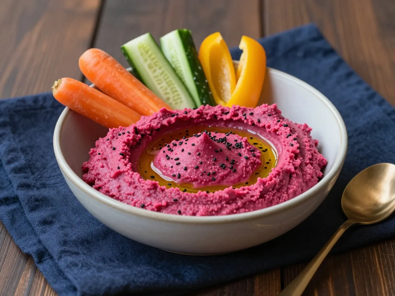 Pinkfarbener Rote-Bete-Hummus in einer Keramikschale, umgeben von Möhren-, Gurken-, Paprika- und Kohlrabisticks auf dunklem Holz
