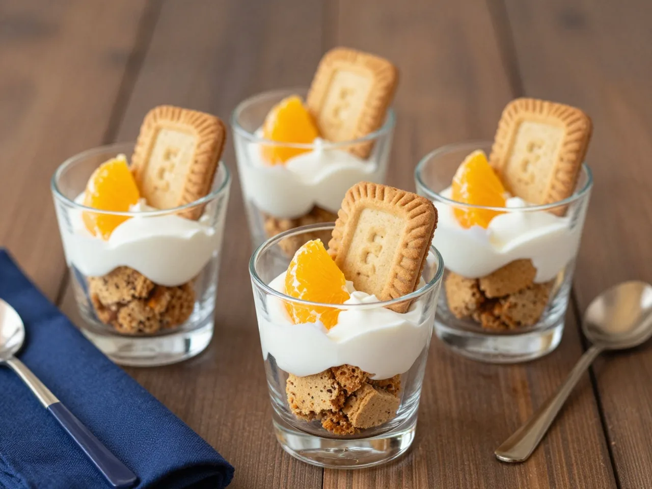 Kleine Dessertgläser mit Schichten aus heller Creme, Orangenfilets und Keksbröseln, obenauf ein halber Spekulatius