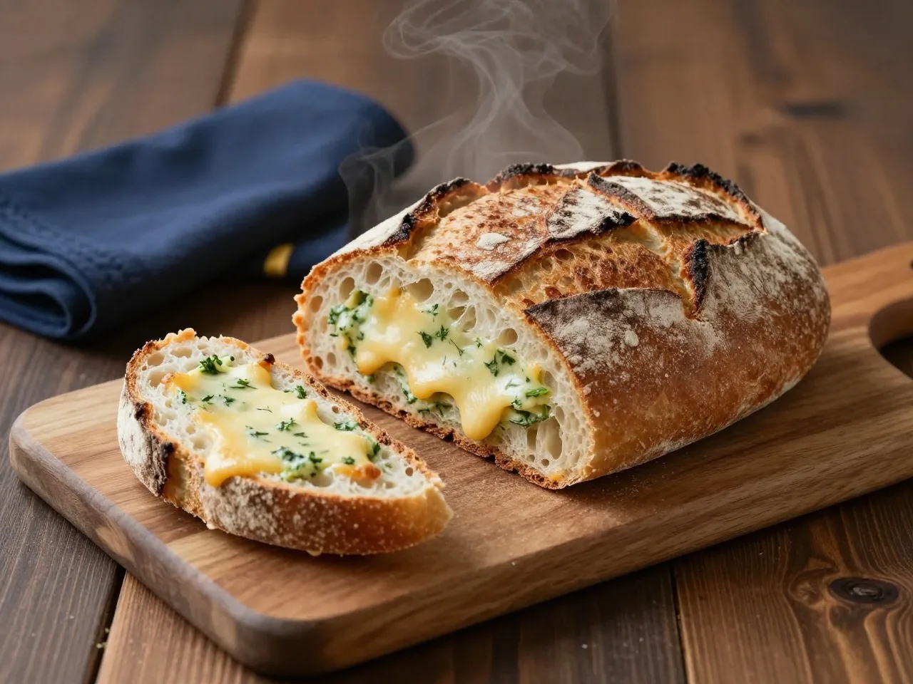 Rautenförmig eingeschnittenes Zupfbrot mit geschmolzenem Käse und grünen Kräutern auf einem Holzbrett, einige Stücke bereits herausgezupft